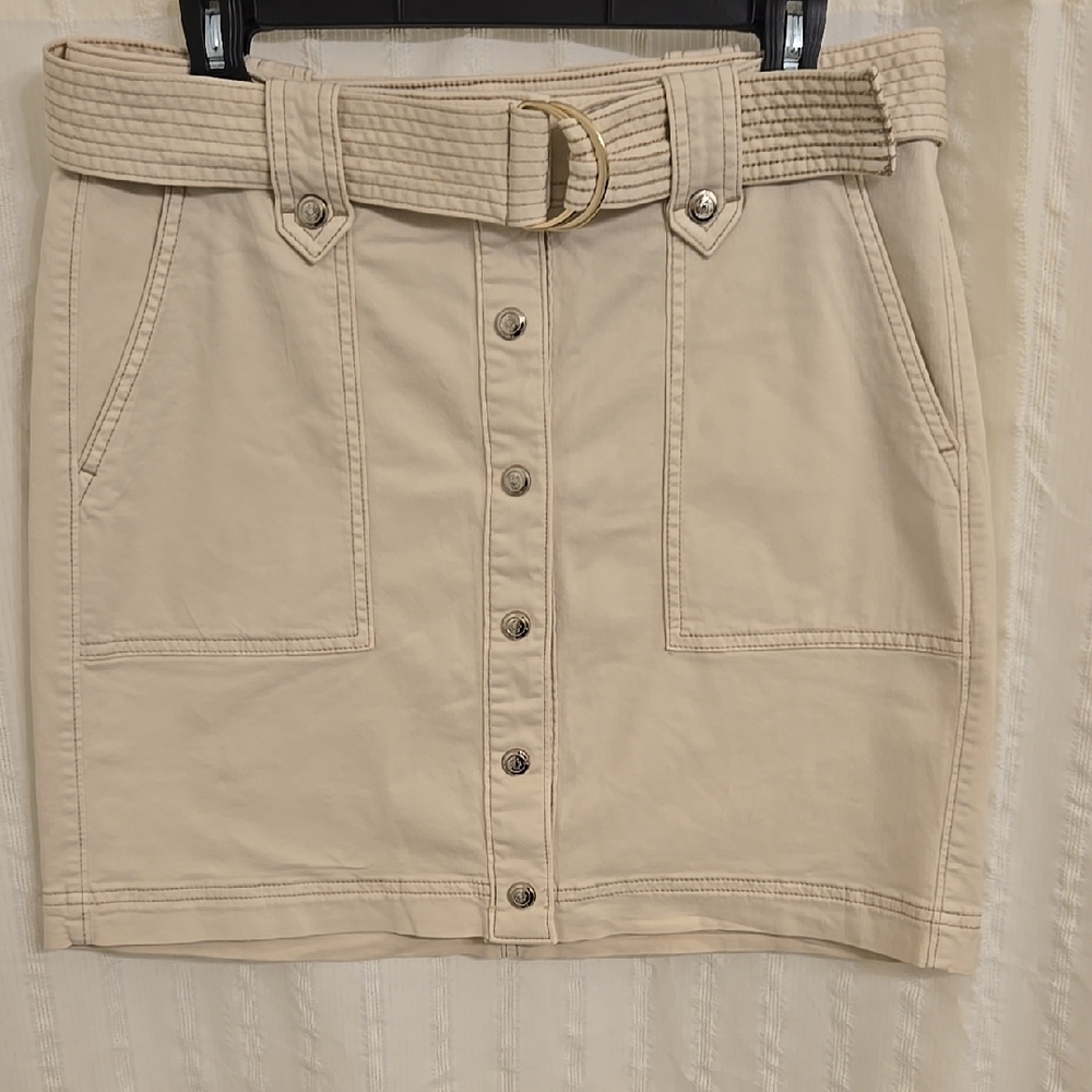 Beige Button-Front Skirt with Belt